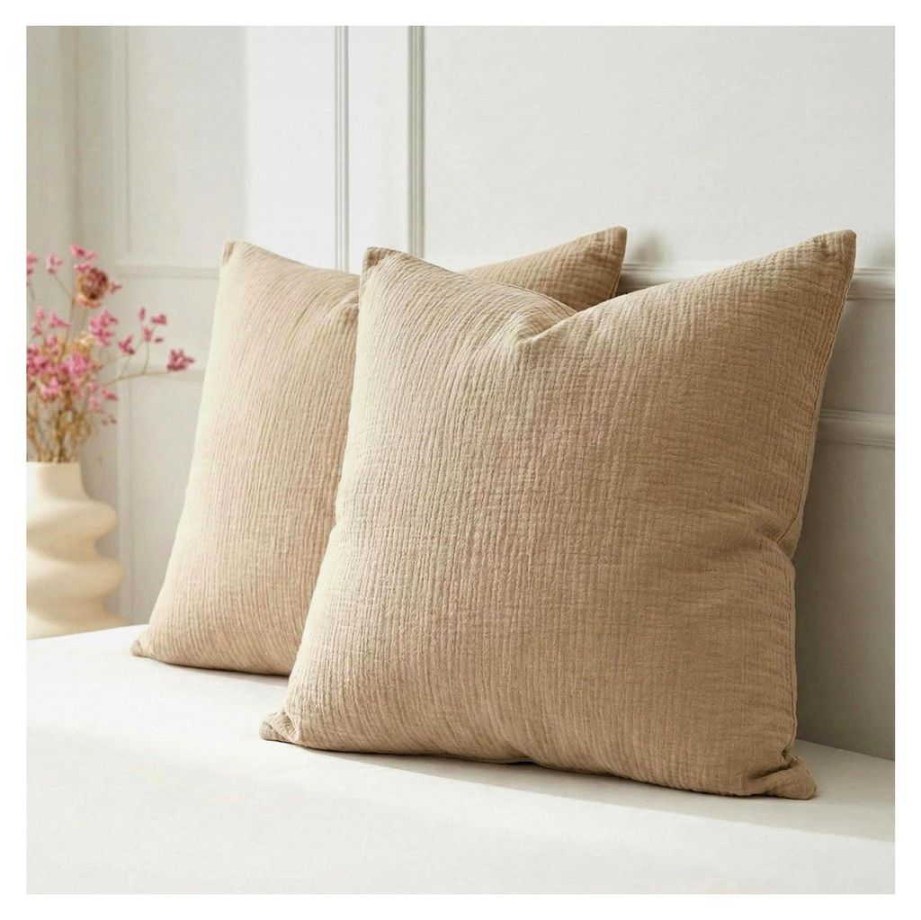 Kissenbezug 2er Set Baumwolle Musselin, 80x80 cm, atmungsaktiv und weich, doppellagig gekreppt (Graubeige)