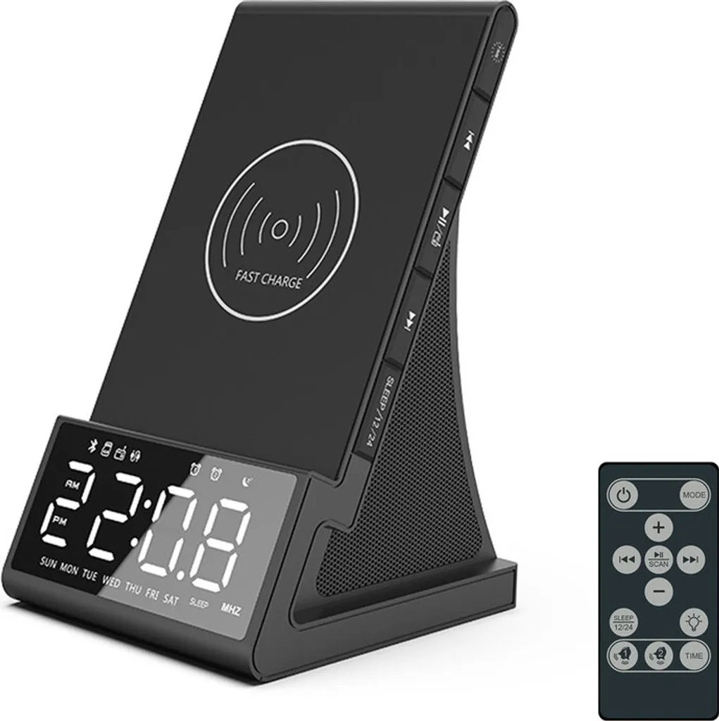 Radio réveil Bluetooth 4 en 1 avec écran LED et enceinte sans fil noire