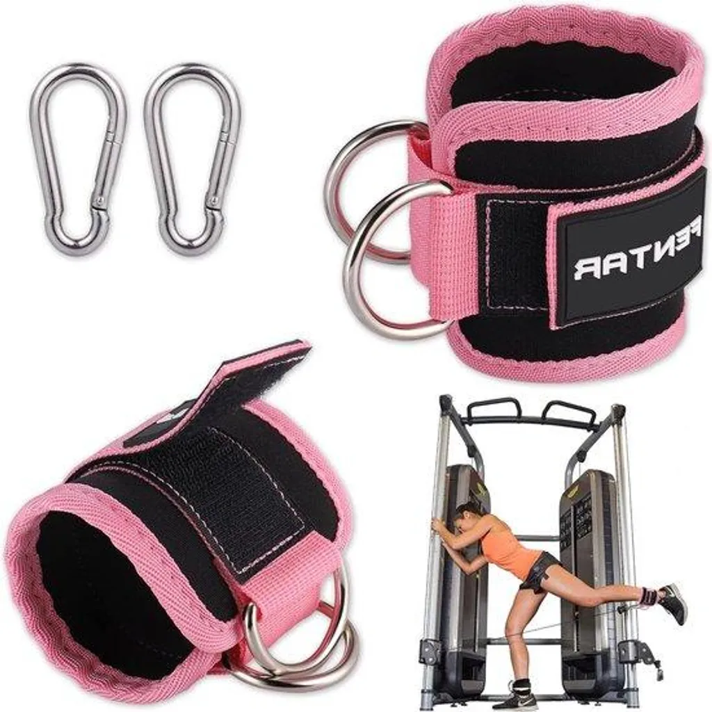 Sangle poulie rose anti-glisse avec velcro et 2 anneaux D acier