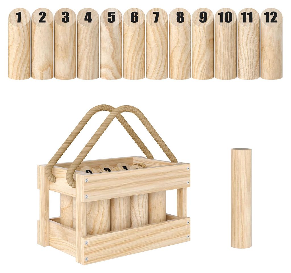 Mölkky Spiel Wurfspiel Holz Kubb Wikingerspiel mit 12 Skittles 1 Stock Transportbox für Familie Gruppen