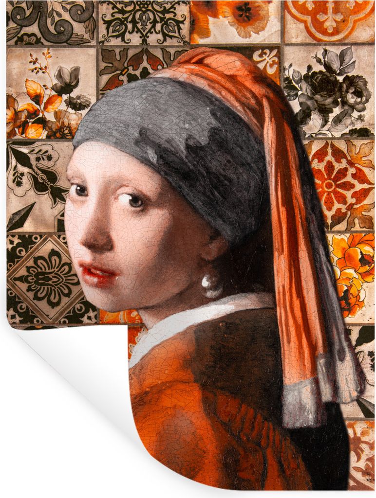 MuchoWow Wandtattoo Wandsticker Wandaufkleber Alte Meister - Mädchen mit Perlenohrring - Orange - Schwarz 60x80 cm Selbstklebend und Repositioni...