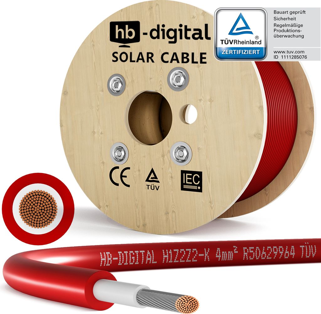 hb-digital 300m Solarkabel H1Z2Z2-K 4 mm² Photovoltaik Kabel für PV Anlagen rot