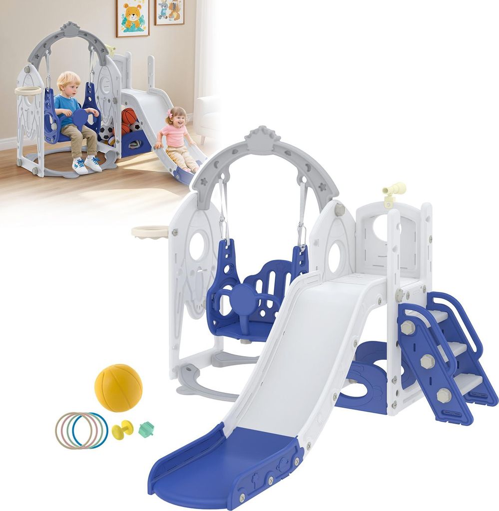 YARDIN Kinderrutsche mit Schaukel, Versteck und Basketballkorb – freistehend Indoor & Outdoor Spielset, Babyrutsche aus HDPE + PP Kunststoff, Bla...