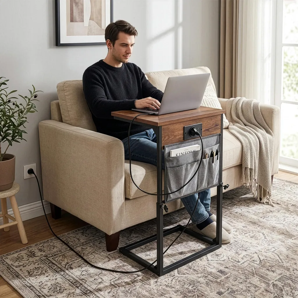 Table d'appoint Relaxdays avec station de recharge USB et prise secteur