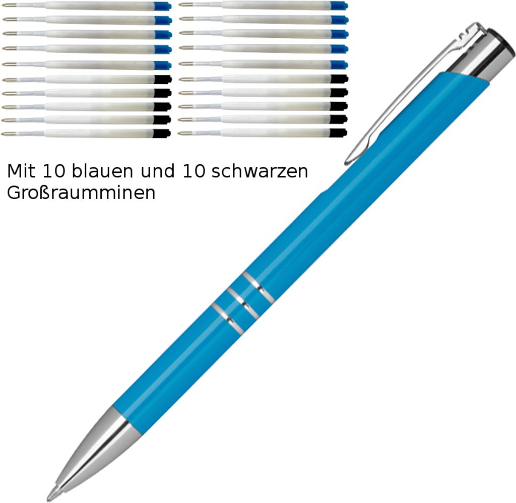 10 Kugelschreiber aus Metall / je 10 schwarze + blaue Minen / Farbe: hellblau