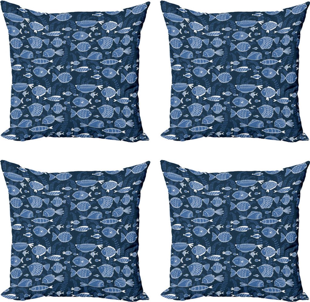 ABAKUHAUS Ozean Kissenbezug Set (4 Stück), Tropic Fisch Moss Leaves, Moderner Doppelseitiger Digitaldruck, 50 cm x 50 cm, Blau Indigo Royal Blue