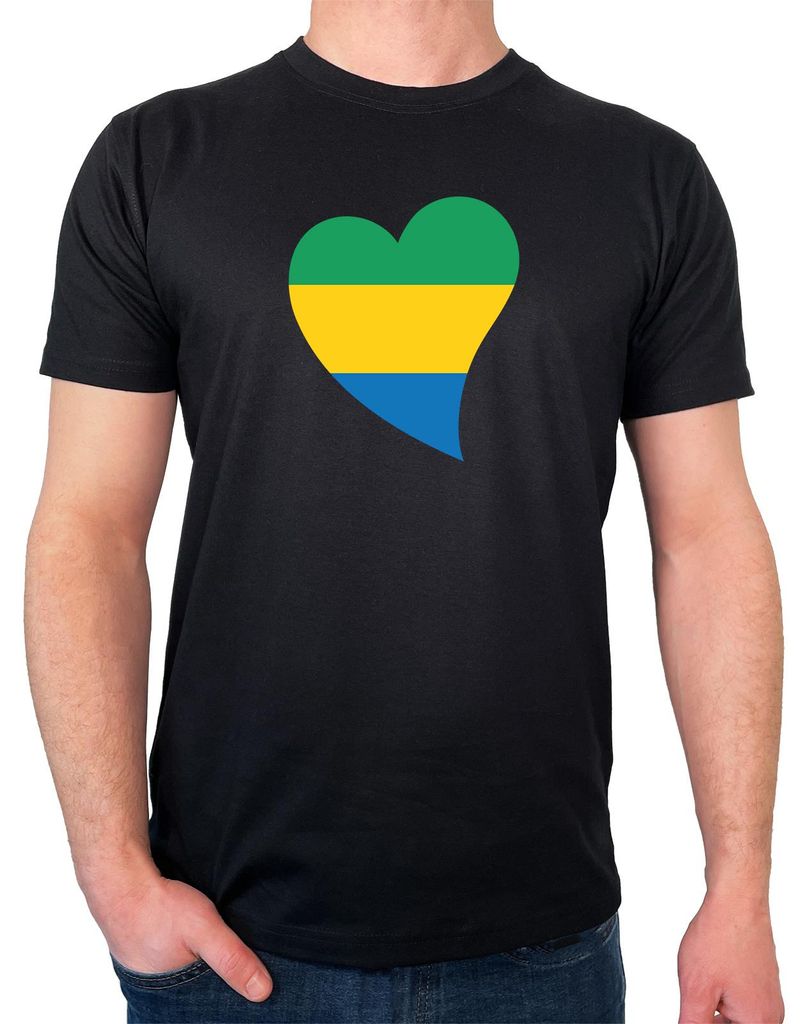 Huuraa Herren T-Shirt Gabun Flagge Herz S Black Bio Baumwolle Fairtrade Herrenshirt Geschenkidee