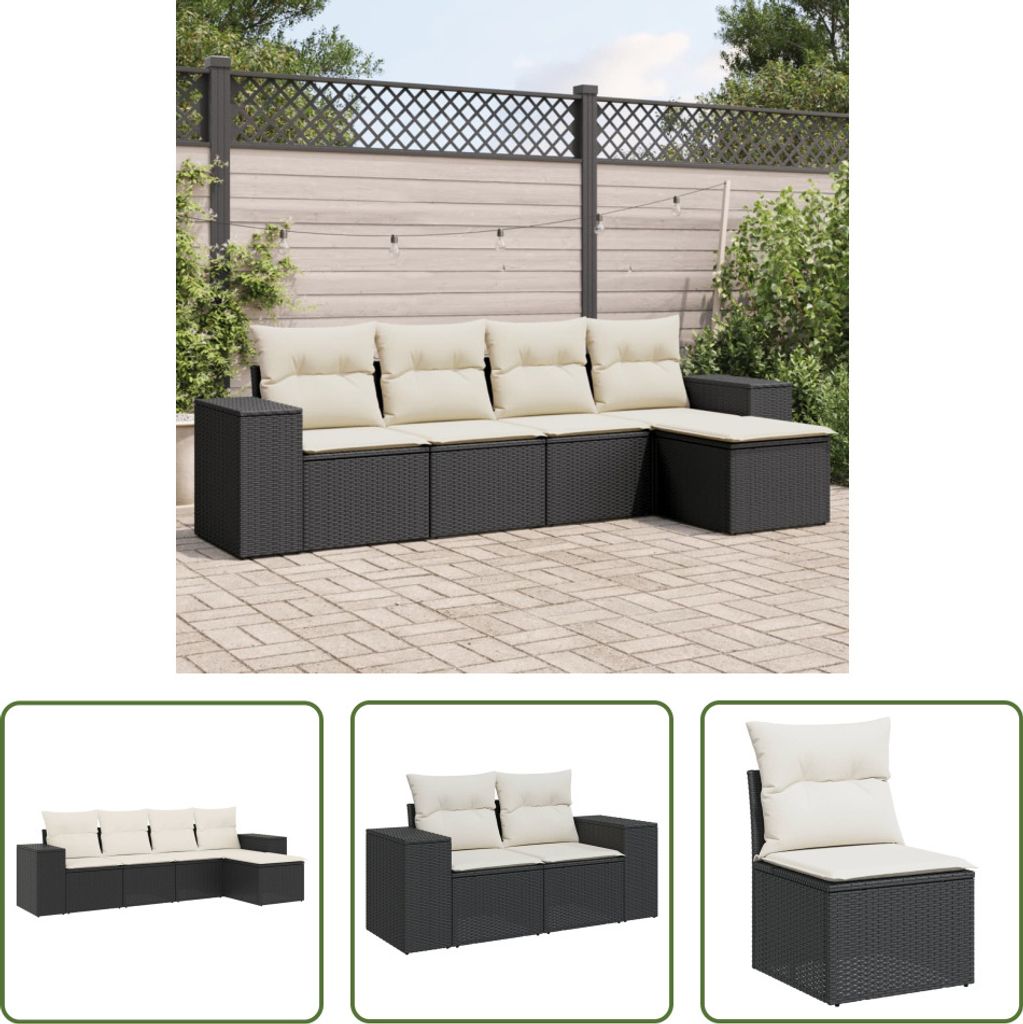 The Living Store 5-tlg. Garten-Sofagarnitur mit Kissen Schwarz Poly Rattan