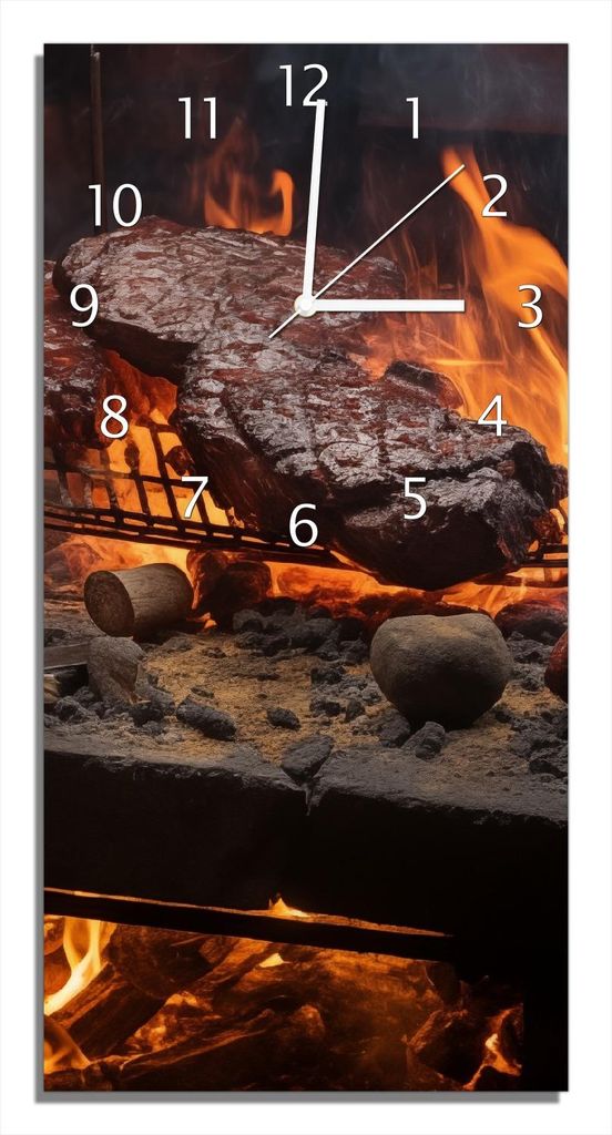 Wallario Design Wanduhr Urige Grillkunst: Steakschmiede aus Echtglas, Größe 30 x 60 cm
