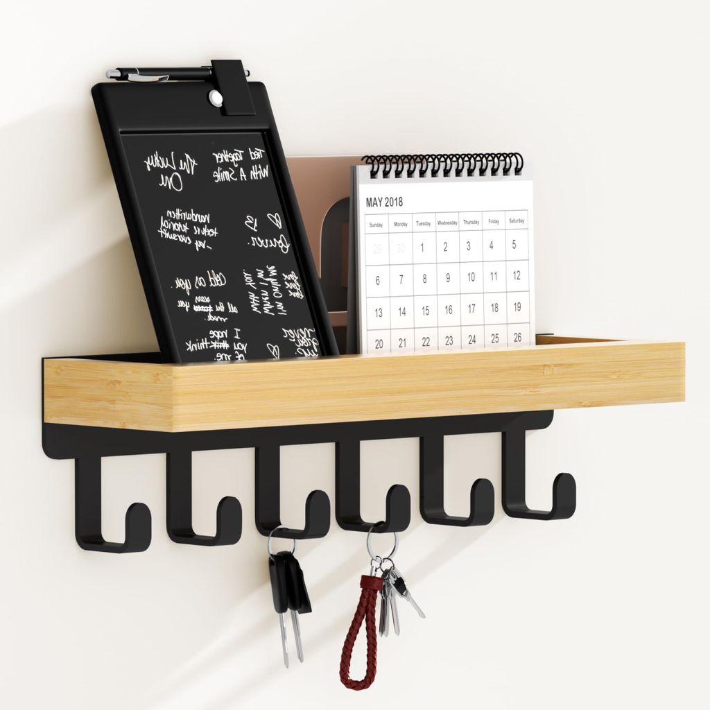 Schlüsselbrett mit Holzablage und 6 Haken – Multifunktionaler Schlüsselhalter mit Ablage für Flur, Schlafzimmer und Küche