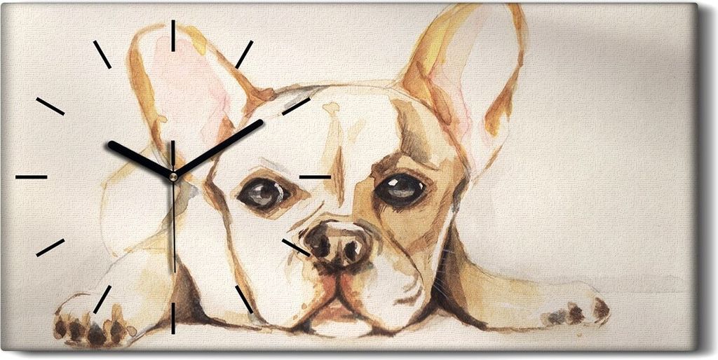 Leinwand Uhr Küche Wohnzimmer Bild Geräuschlos 60x30 Bulldogge Hund Tier Welpe - schwarze Hände