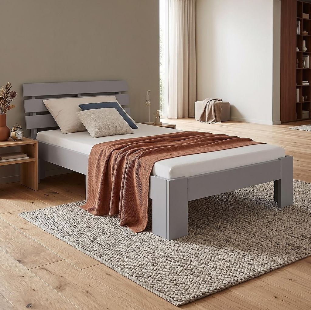 Homestyle4u Holzbett 90x200 mit Lattenrost Grau Kiefer Produktbild 