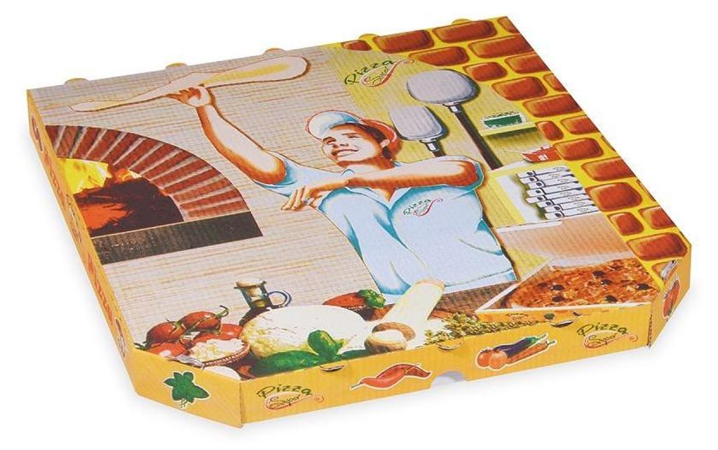 A pizza box with a graphic illustration of a pizza maker and ingredients.