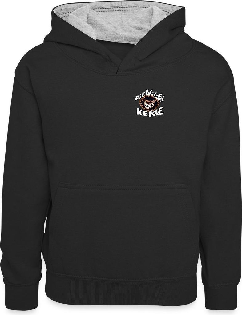 Spreadshirt Die wilden Kerle Kleines Logo Kinder Kontrast-Hoodie, XS (3/4 years), Schwarz/Grau meliert