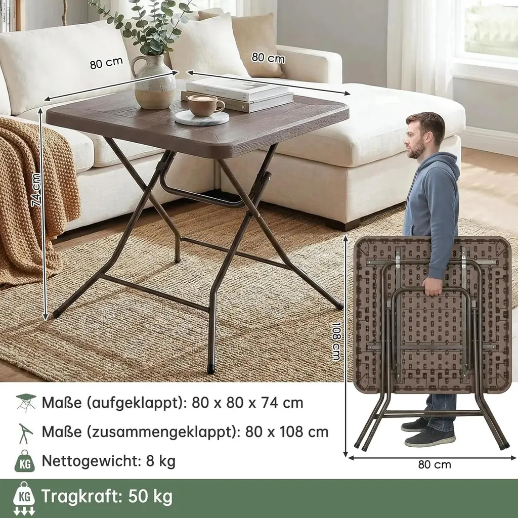 Table d'appoint pliante pour balcon et terrasse 80 cm marron 4 places