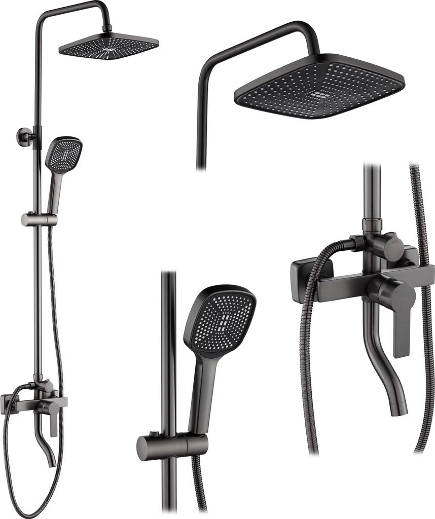 A collage of different views of a black shower set.