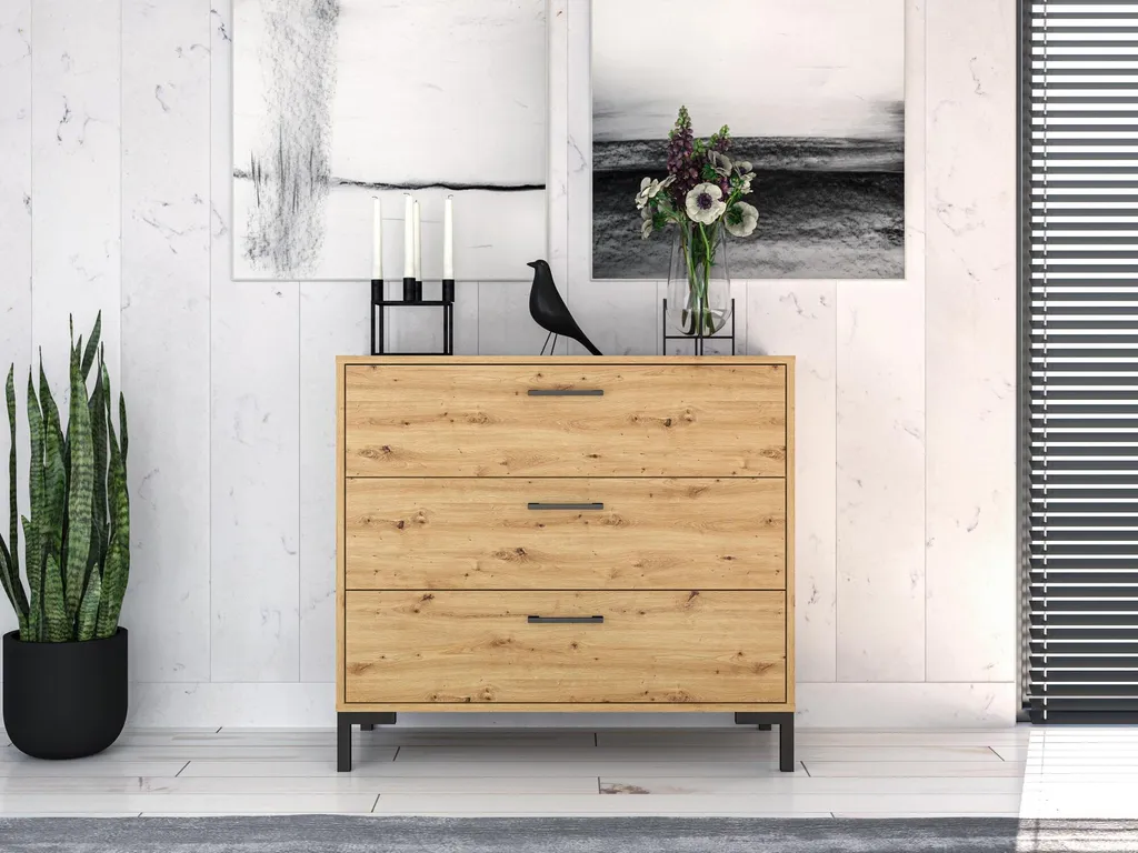 Commode de Chambre Nevio 92cm - Rangement Chêne et Noir Design - 3