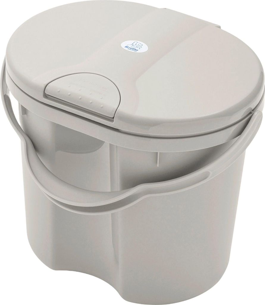 A light gray Rotho Babydesign TILO diaper pail with a lid and handle, shown from a slightly elevated angle against a white background.