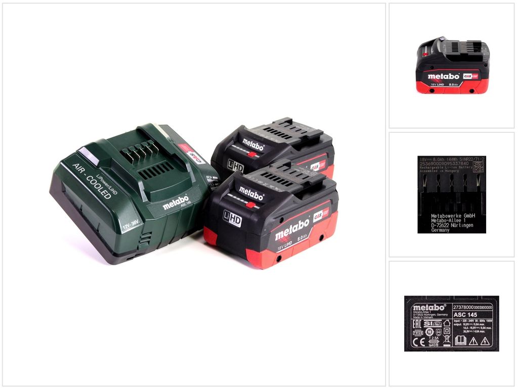 Metabo Akku Basis Set 18V mit 2x Akku LiHD 8,0Ah ( 625369000 ) + Ladegerät ASC 145 ( 627378000 )