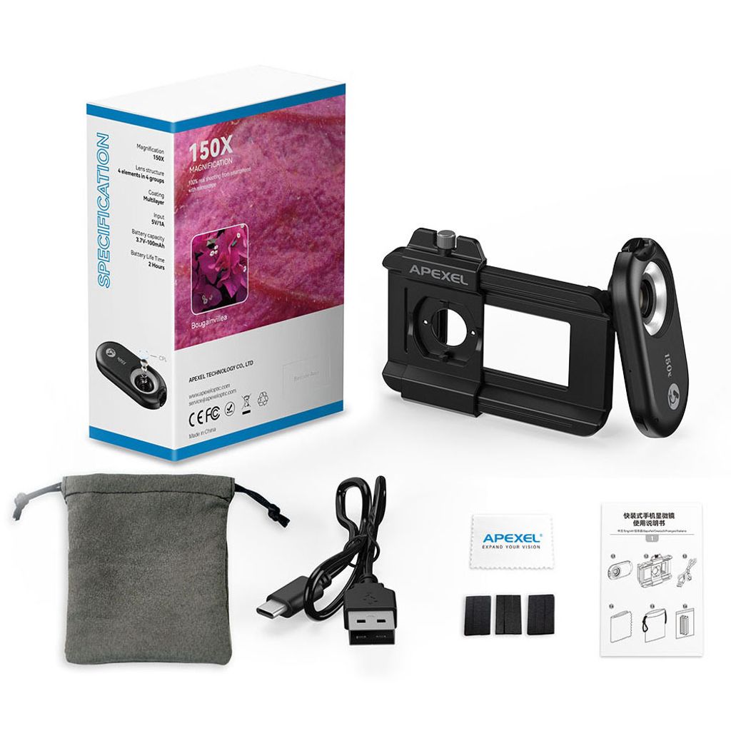 APEXEL APL-MS150 150X Handy-Mikroskopobjektiv mit LED-/UV-Lichtern, eingebautem CPL-Filter, Akku, Mikroskopaufsatz, Telefon-Mikroobjektiv mit unive...