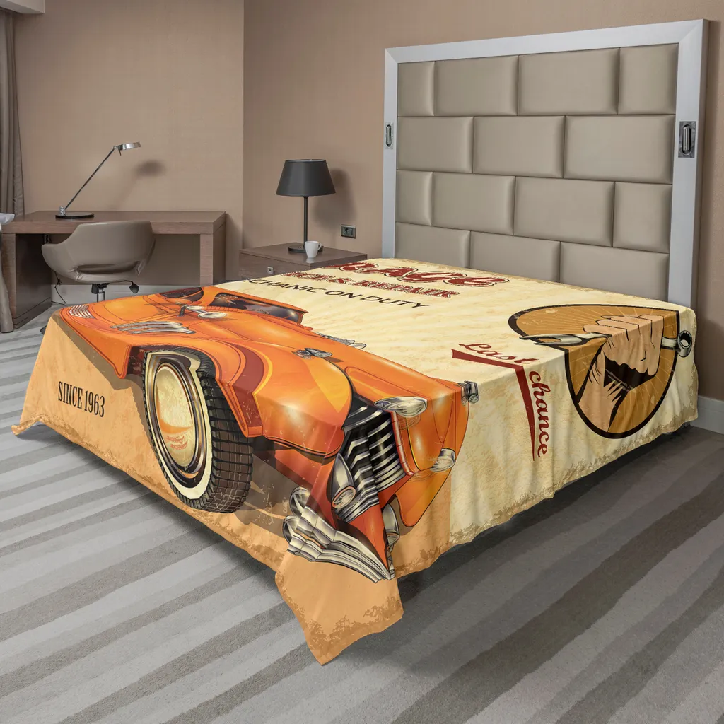 ABAKUHAUS Lenzuolo retrò, pubblicità vintage di garage, stampa con simboli meccanici e macchine, lenzuolo morbido e confortevole per un letto decorativo, 1 pezzo, 260 cm x 228 cm, arancione, crema, rosso