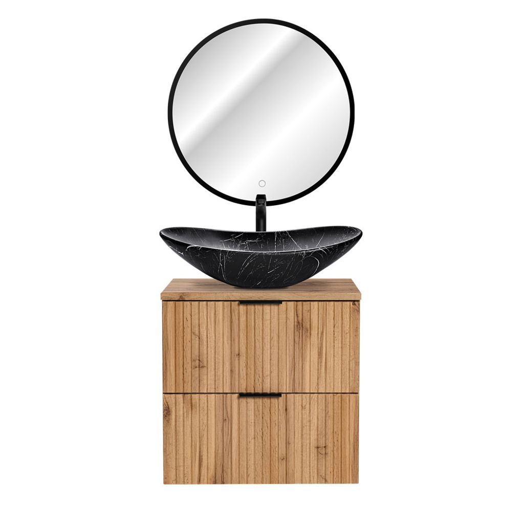 Badmöbel Set Wotaneiche Rillenoptik Keramik Waschtisch, LED-Spiegel schwarz mit Touch, B/H/T 61,5/200/46,5 cm