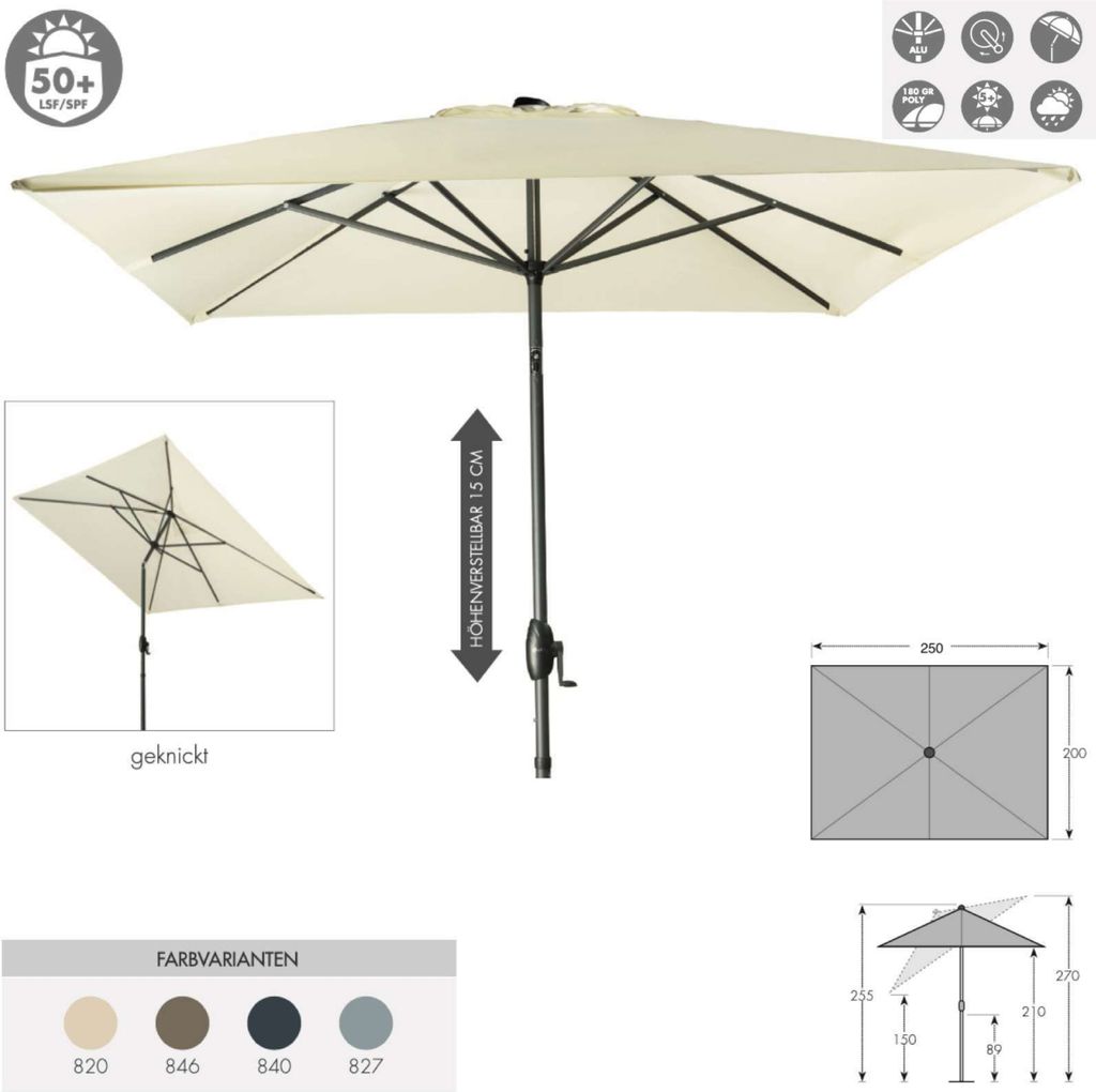 Doppler Basic Lift Neo 250 x 200 cm Sonnenschirm 4 Farben Mittelmastschirm 485444 820 Natur