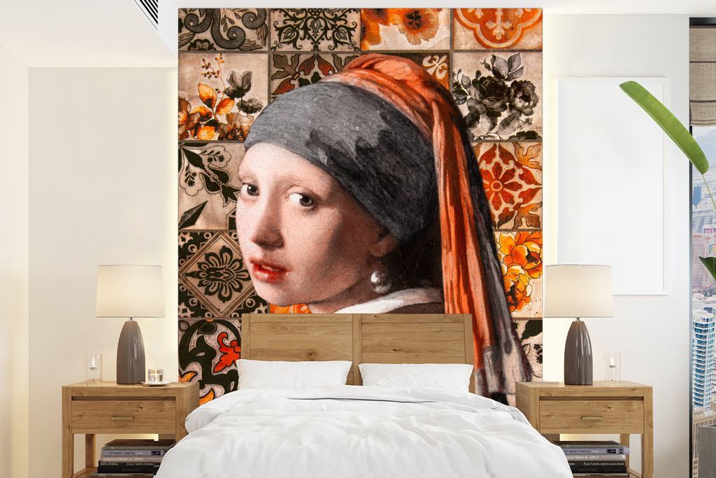 MuchoWow Fototapete für Wohnzimmer oder Schlafzimmer Wandtapete Vinyl Motivtapete Alte Meister - Mädchen mit Perlenohrring - Orange - Schwarz -...