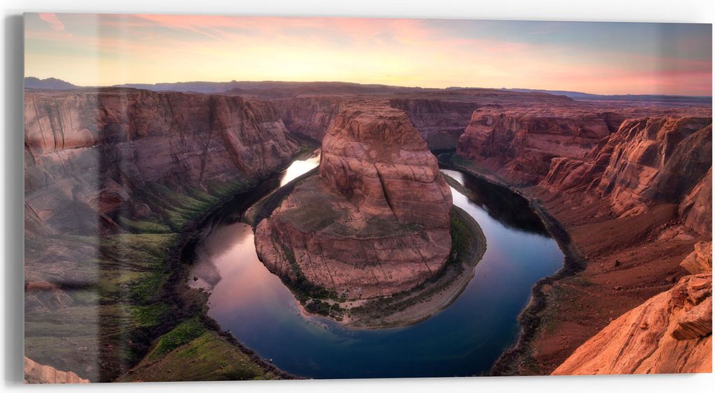 DEQORI Glasbild Echtglas 60x30 cm 'Horseshoe Bend am Abend' Wandbild Bild modern Deko