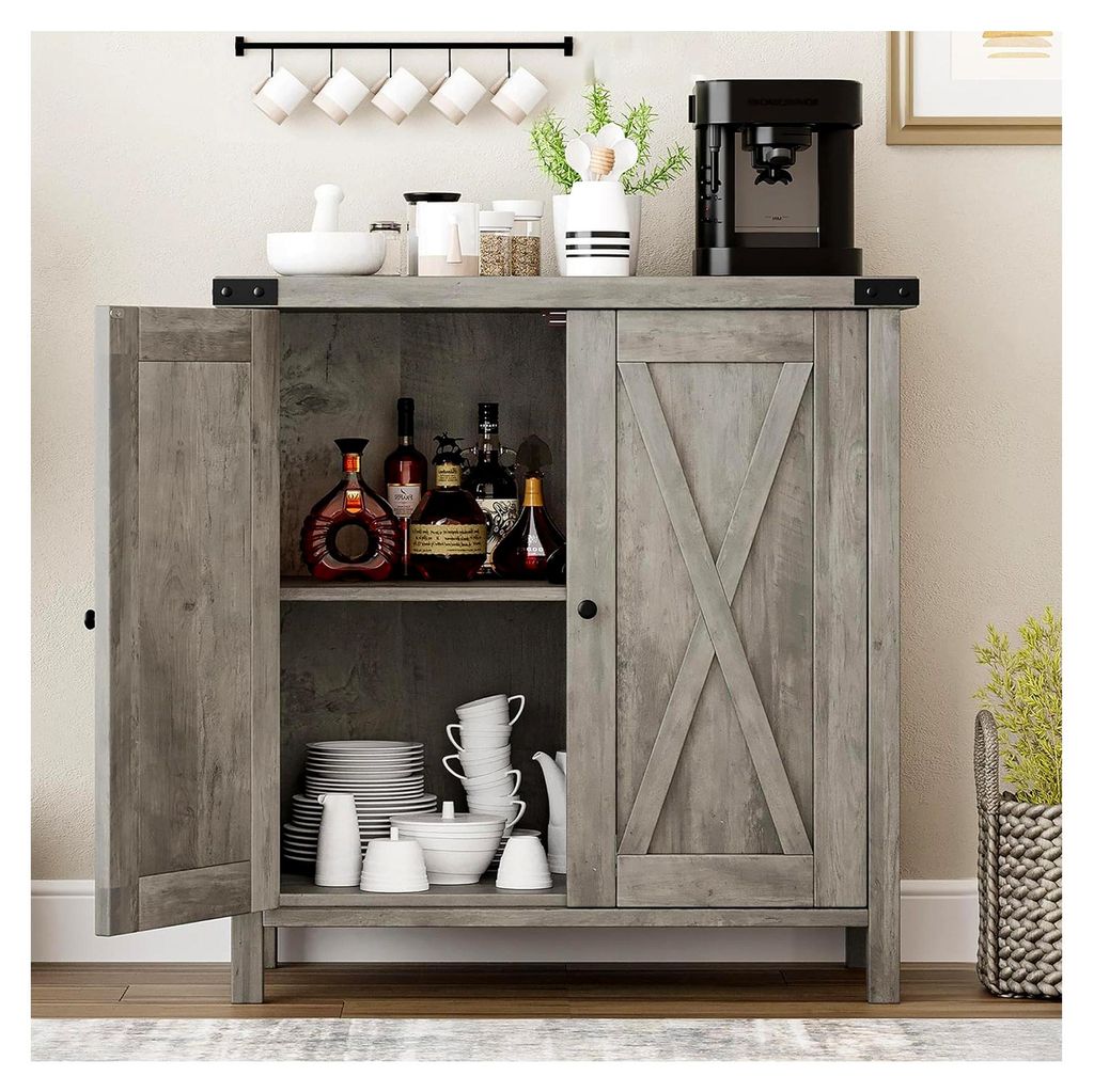 Küchenschrank im Landhausstil, Buffetschrank mit 2 Türen und Regalen, 76 x 40 x 80 cm, verstellbare Ablagen für das Wohnzimmer, Vintage Grau