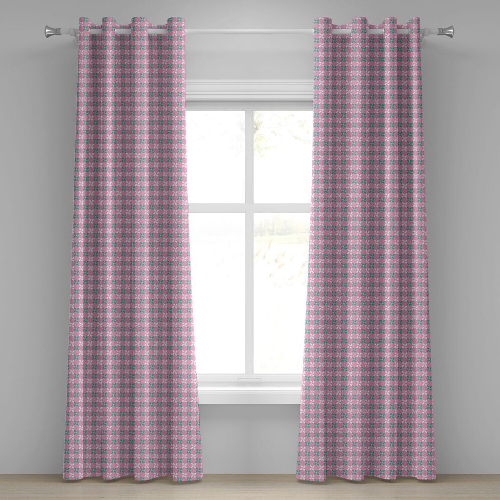 ABAKUHAUS Blumen Ösenvorhang, Frühlings-Blumen-Motive im weißen und grünen Kettenmuster auf rosa Hintergrund, Dekorative 2-Panel-Fenstervorhän...