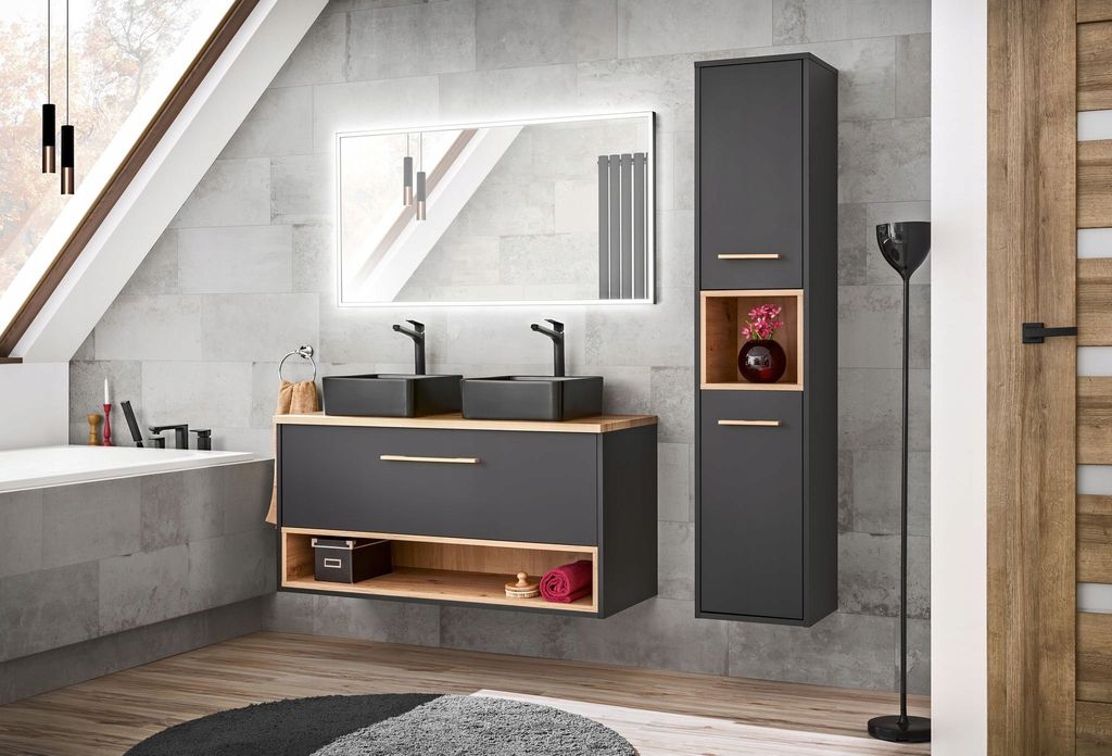 Easy4You Unterschrank BC 80 cm Grau/Eiche Artisan Hängeschrank Badschrank Badezimmerschrank mit Schublade und Ablage Soft-Close Badmöbel-Set