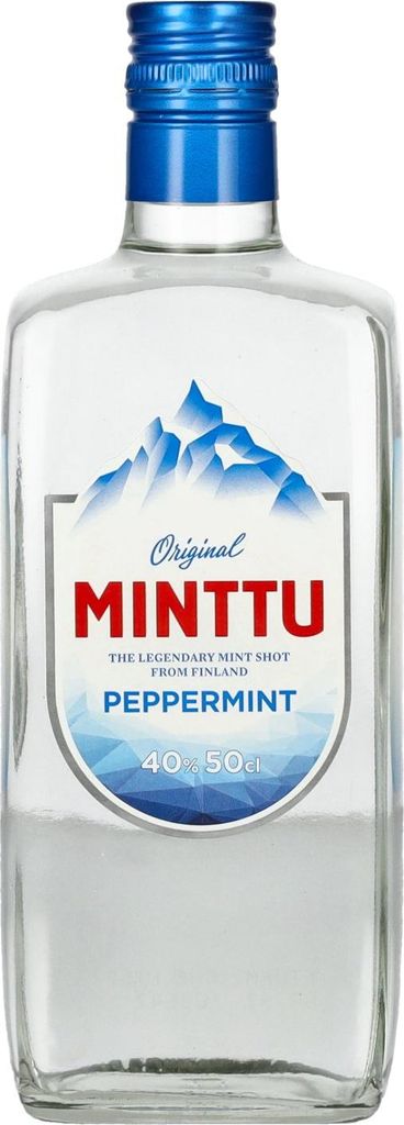 A clear product shot of a bottle of Minttu Peppermint liqueur.
