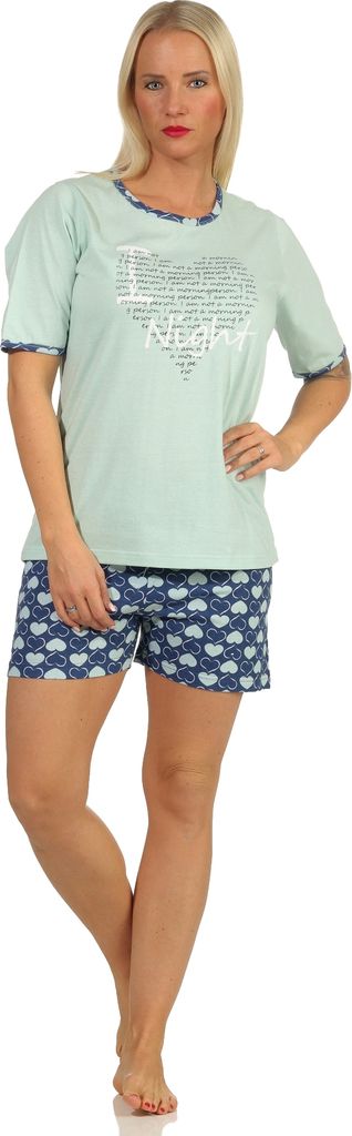 Cooler Damen kurzarm Schlafanzug Shorty Pyjama im Herz-Design - 122 205 10 603 ; türkis , 40
