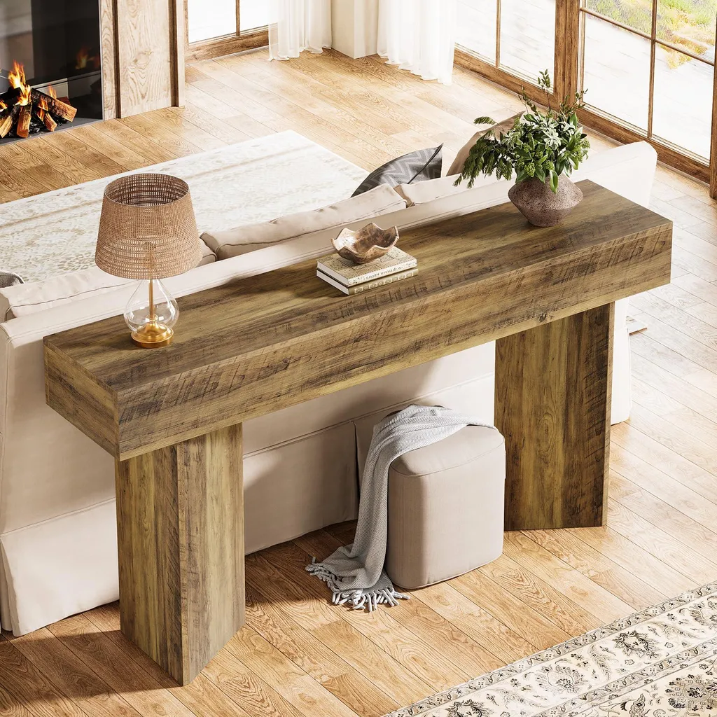 Console d'Entrée Robuste 160 cm, Table d'Accentuation en Bois et Métal