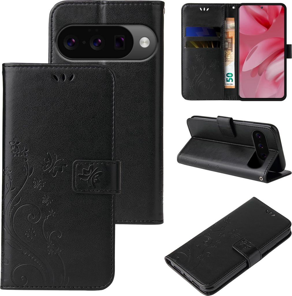 Handyhülle für Google Pixel 10 Floral Blumen Schmetterling Flip Cover Hülle Case Klapphülle Handytasche Farbe: Schwarz