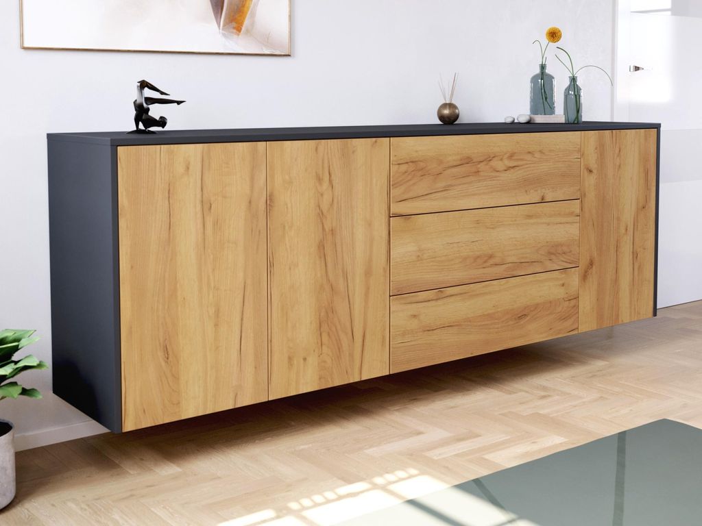 Sideboard Silia B hängend 200cm 3 Türen 3 Pushauszüge Grafit Eiche : Grafit / Eiche Gold Varianten: Grafit / Eiche Gold