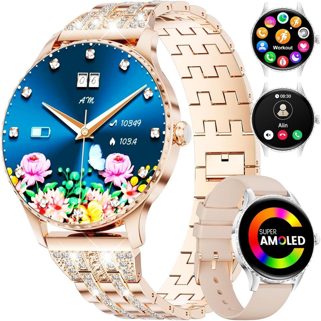 Smartwatch Damen mit Strass/1.32" HD AMOLED Display/270+Zifferblätter,Fitnessuhr mit 110+ Sportmodi,Schlaftracking,Telefonfunktion,Uhr für iOS An...
