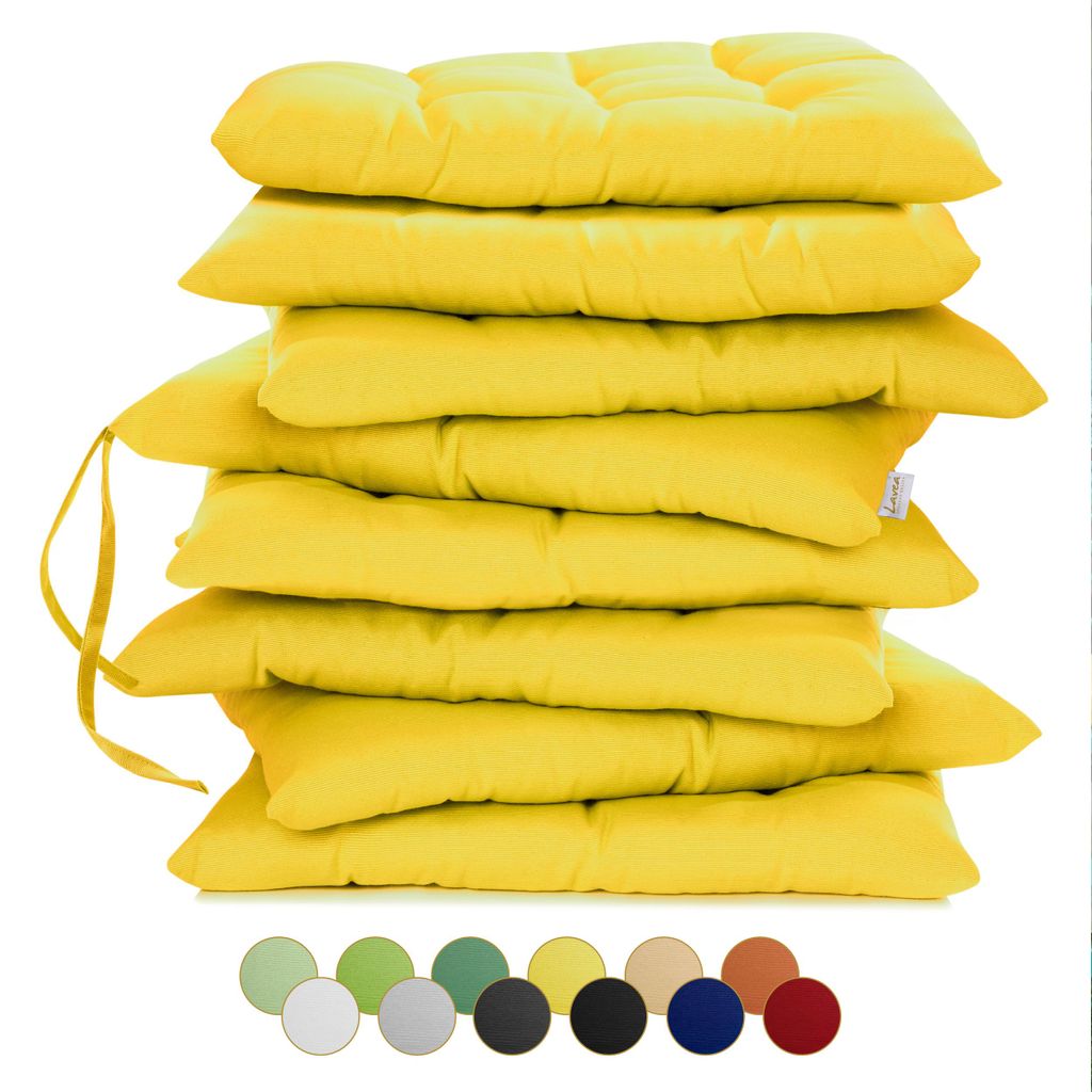 Lavea Sitzkissen 40x40 cm, 8er Set, Zartgelb - mit Stoffbändern, Outdoor & Indoor, waschbare Stuhlkissen für Garten, Balkon, Terrasse & Esszimmer
