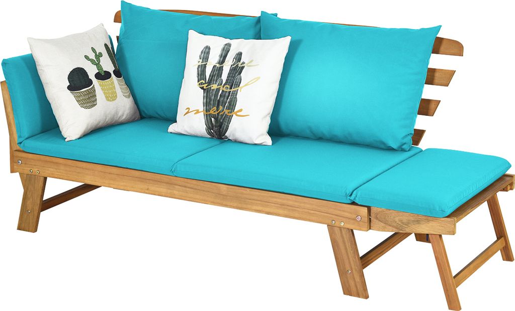 A wooden garden bench with blue cushions and decorative pillows.