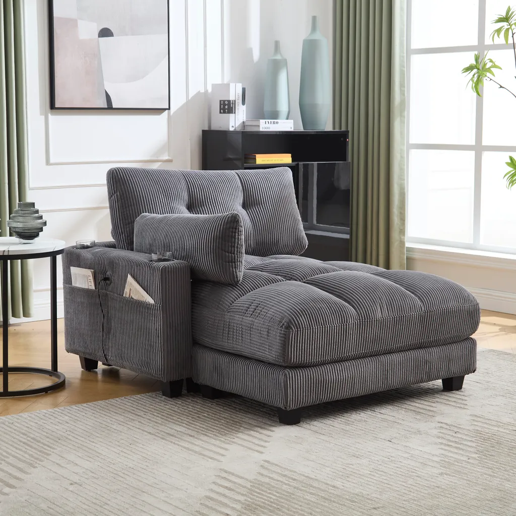 MODFU Fauteuil Relax Moderne Gris en Velours Kordsamt avec Port USB