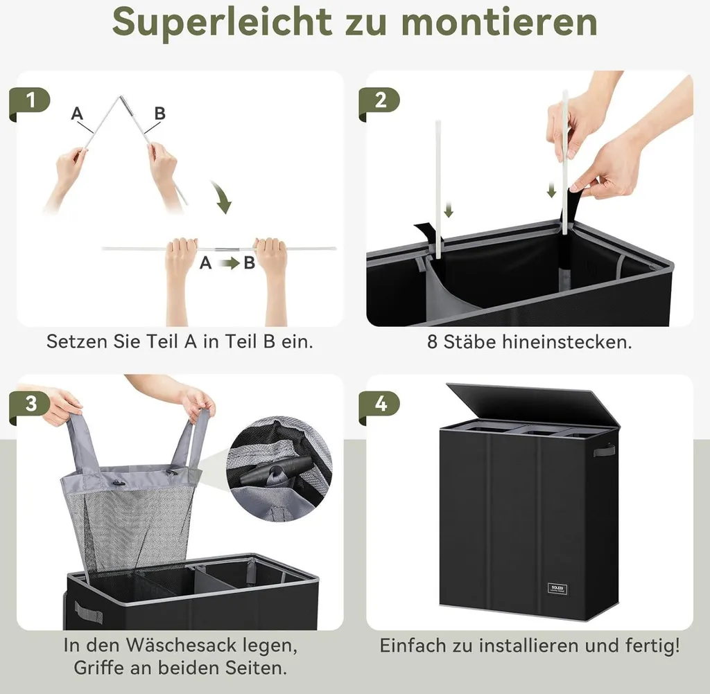 Panier à linge 160L avec 3 compartiments et couvercle noir - Modèle XL - 7