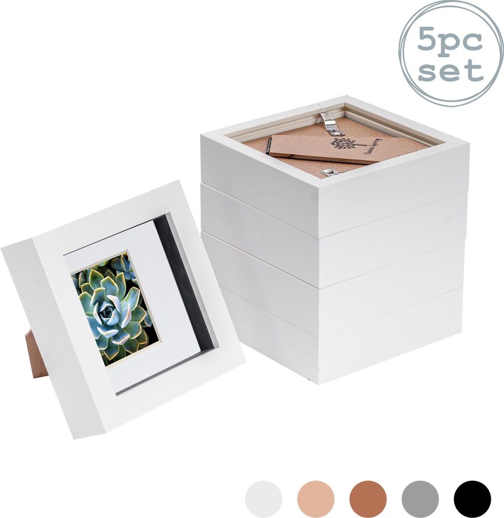 Nicola Spring 5 Stück 4 x 4 3D Shadow Box Photo Frame Set - Craft Anzeigen Bilderrahmen mit 2 x 2 Montieren - Glas Aperture - Weiß
