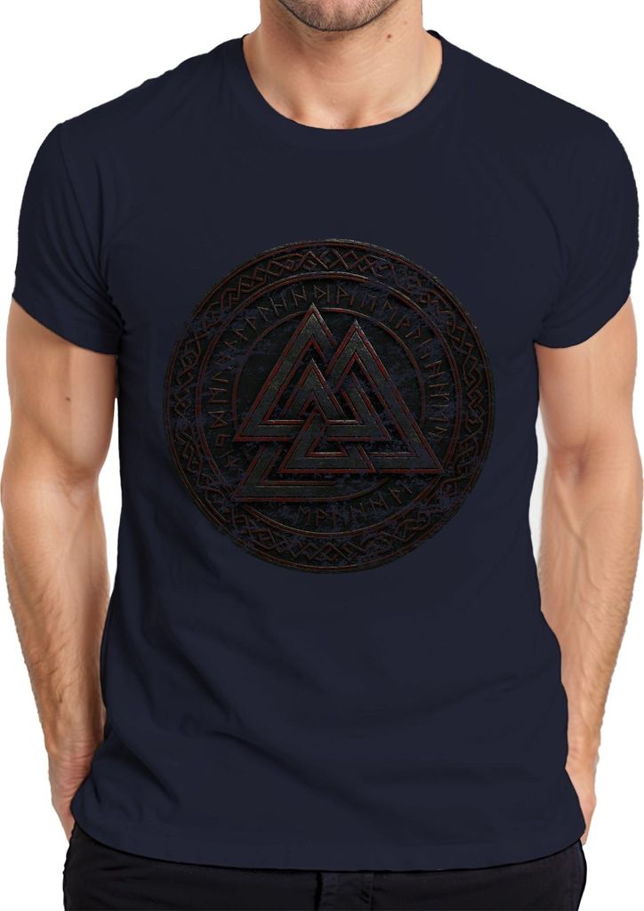 Valknut Wikinger Symbol nordisch Runen Grunge Mythisches Ornament Herren T-Shirt, Navy, M
