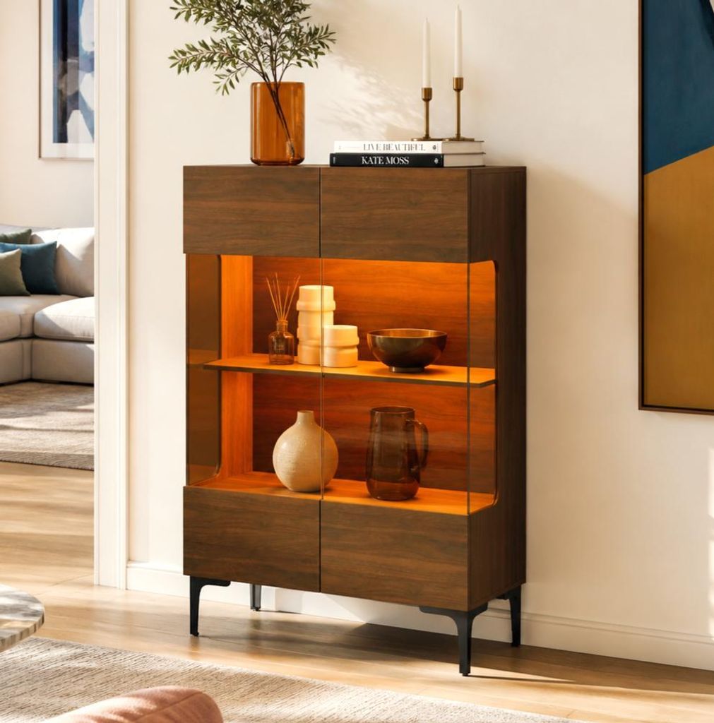Glasvitrine 80x40x115cm Nussbaum-Optik mit warmer Produktbild 