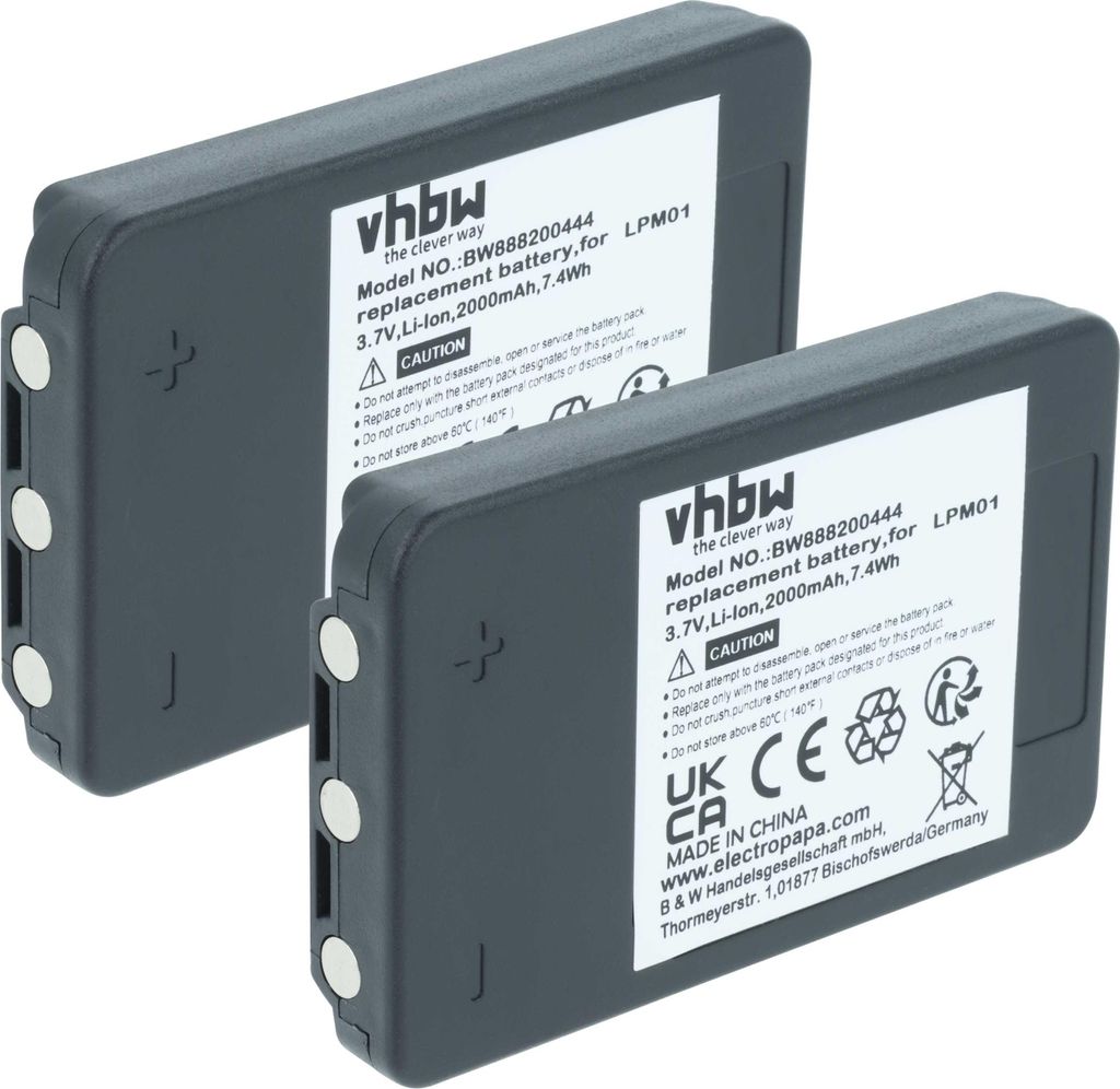vhbw 2x Akku kompatibel mit Autec LK NEO Industrie-Funkfernsteuerung Fernbedienung (2000 mAh, 3,7 V, Li-Polymer) - Schwarz
