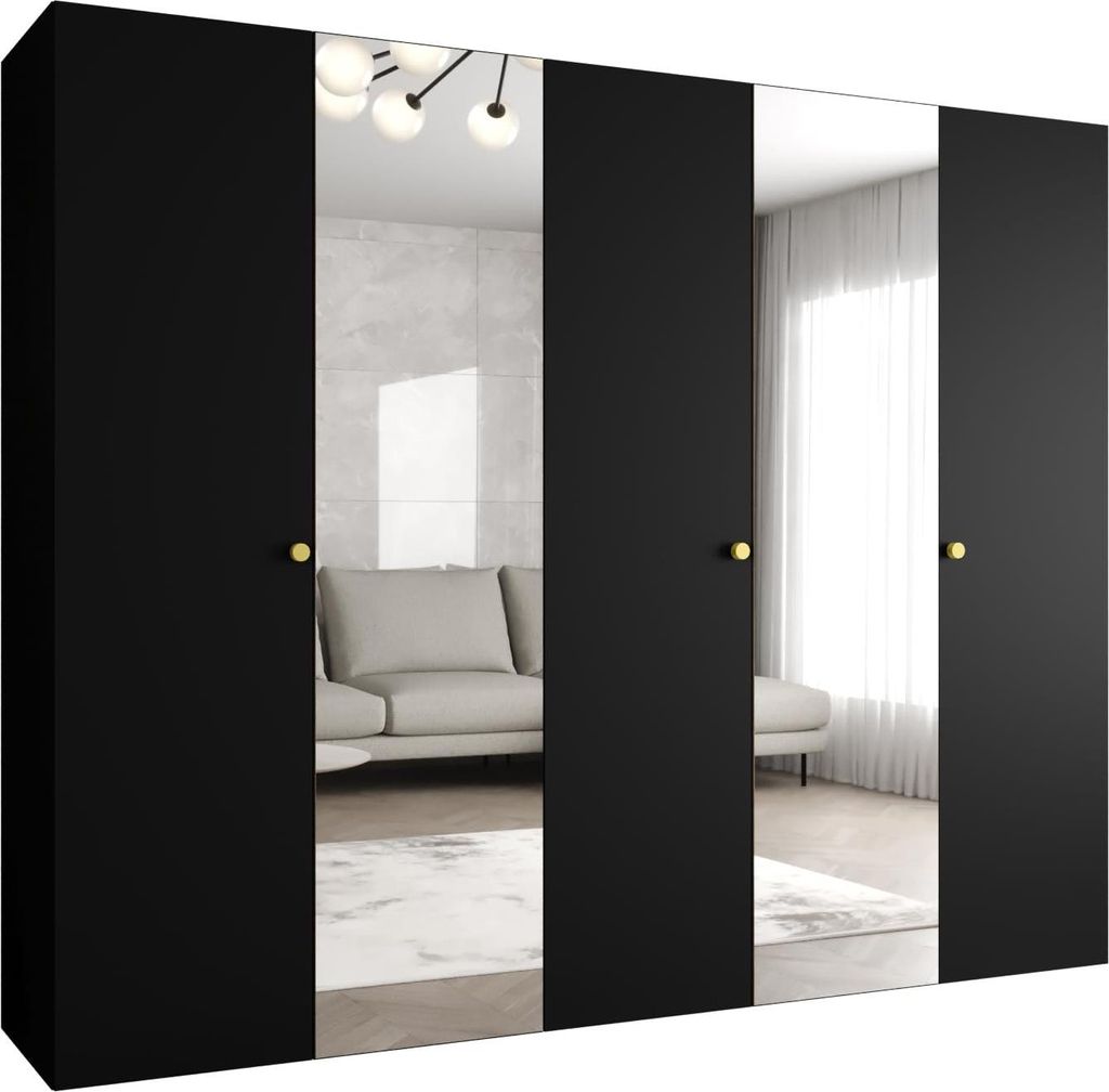 MEBLE KRYSPOL Schrank 250x202x52 cm mit Kleiderstange & Spiegel, 5xTür, PARMA, Schwarz, Griff Gold