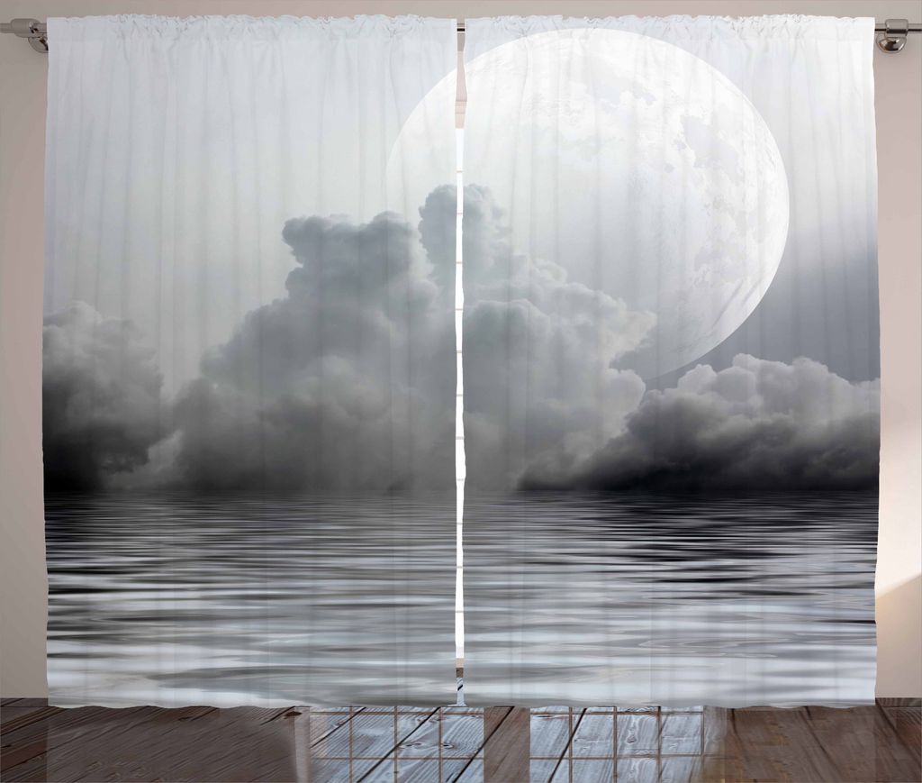 ABAKUHAUS Mond Rustikaler Gardine, Misty Air und Ozean Kunst, Schlafzimmer Kräuselband Vorhang mit Schlaufen und Haken, 280 x 225 cm, Hellgrau Wei...