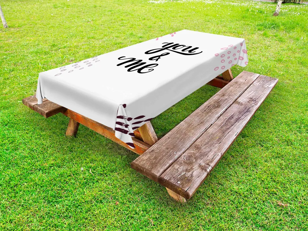 ABAKUHAUS Tovaglia da esterno con scritta, Dolce e semplice You and Me, Bianco Rosa Malva, 145x265cm