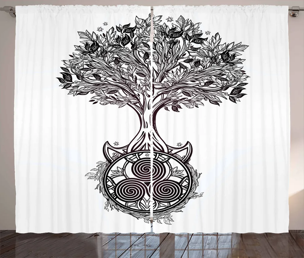 ABAKUHAUS Tenda rustica celtica, Albero della vita Triskelion, Soggiorno Nastro universale Tende con passanti e ganci, 280 x 175 cm, Bianco e nero